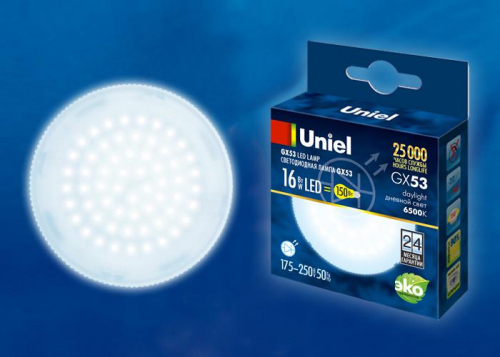Лампа светодиодная LED-GX53-16W/6500K/GX53/FR PLZ01WH 16Вт матовая 6500К холод. бел. GX53 (упак. картон) Uniel UL-00005315 Лампа светодиодная LED-GX53-16W/6500K/GX53/FR PLZ01WH 16Вт матовая 6500К холод. бел. GX53 (упак. картон) Uniel UL-00005315