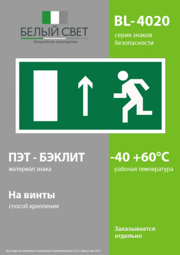 Пластина BL-4020.E12 "Напр. к эвакуационному выходу прямо (лев.)" Белый свет a12785 фото 3