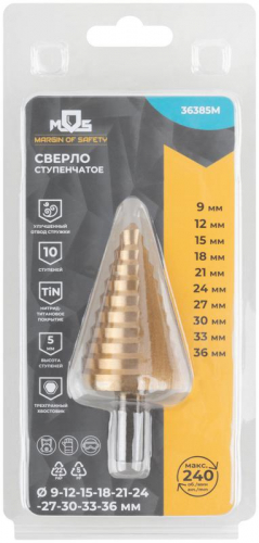 Сверло ступенчатое HSS по металлу 10 ступеней 9-12-15-18-21-24-27-30-33-36мм MOS 36385М фото 3 Сверло ступенчатое HSS по металлу 10 ступеней 9-12-15-18-21-24-27-30-33-36мм MOS 36385М фото 3
