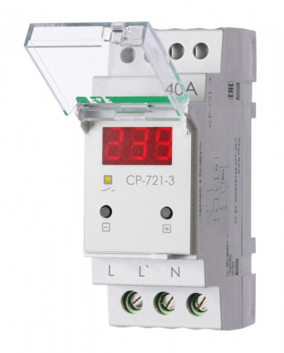 Реле напряжения CP-721-3 40А контроль напряжения: нижн. порог 140-210В верхн. порог 240-300В цифров. индикация напряжения 2мод. монтаж на DIN-рейку возможность пломбировки панели управления F&F EA04.009.021