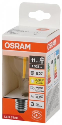 Лампа светодиодная филаментная LSCLA150 11W/827 230V FIL 11Вт 2700К тепл. бел. E27 1521лм A угол пучка 300град. 220-240В (замена 150Вт) прозр. стекло OSRAM 4058075684218 фото 3 Лампа светодиодная филаментная LSCLA150 11W/827 230V FIL 11Вт 2700К тепл. бел. E27 1521лм A угол пучка 300град. 220-240В (замена 150Вт) прозр. стекло OSRAM 4058075684218 фото 3
