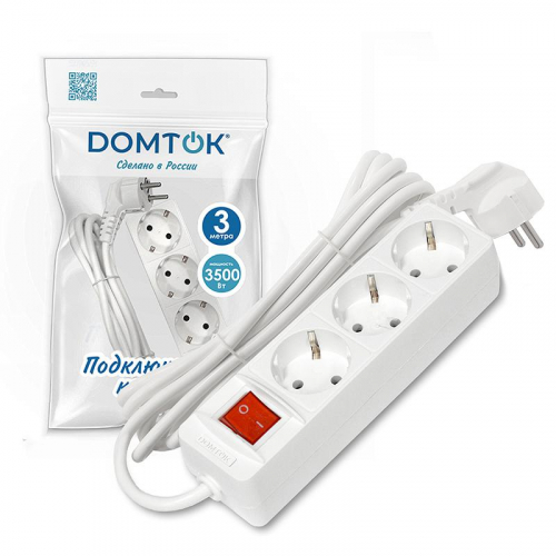 Удлинитель 3х3м с заземл. 16А IP20 3.5кВт ПВС 3х1 с выкл. бел. DOMTOK 2381 фото 2