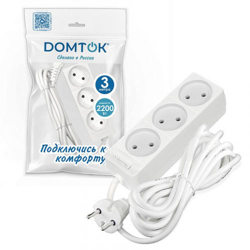 Удлинитель 3х3м без заземл. 10А IP20 2.2кВт ПВС 2х0.75 бел. DOMTOK 2371 фото 2