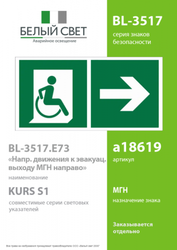 Знак безопасности BL-3517.E73"Напр. движения к эвакуац. выходу МГН направо" Белый свет a18619 фото 2