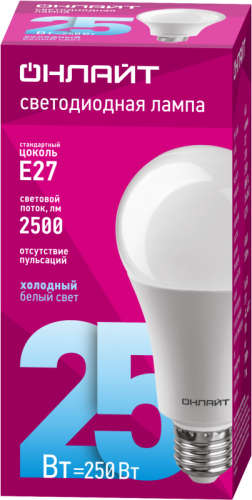 Лампа светодиодная 61 955 OLL-A60-25-230-6.5K-E27 25Вт грушевидная 6500К холод. бел. E27 2500лм 176-264В ОНЛАЙТ 61955 фото 2