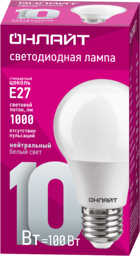 Лампа светодиодная 71 650 OLL-A60-10-230-4K-E27 10Вт грушевидная 4000К нейтр. бел. E27 1000лм 176-264В ОНЛАЙТ 71650 фото 2