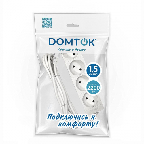 Удлинитель 4х1.5м без заземл. 10А IP20 2.2кВт ПВС 2х1 бел. DOMTOK 2354 Удлинитель 4х1.5м без заземл. 10А IP20 2.2кВт ПВС 2х1 бел. DOMTOK 2354