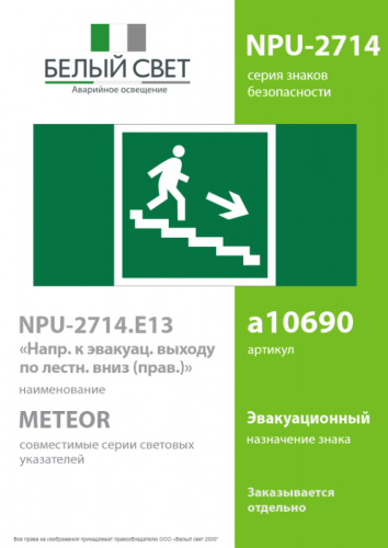 Наклейка NPU-2714.E13 "Направление к эваку. выходу по лестнице вниз" (прав.) Белый свет a10690 фото 2