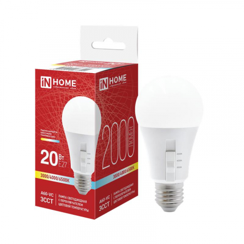 Лампа светодиодная LED-A60-VC 20Вт 3ССТ 3000/4000/6500К E27 2000лм 230В с переключателем на лампе IN HOME 4690612067544 Лампа светодиодная LED-A60-VC 20Вт 3ССТ 3000/4000/6500К E27 2000лм 230В с переключателем на лампе IN HOME 4690612067544