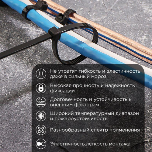 Хомут морозостойкий 200x3.6мм черн. (уп.100шт) Rexant 87-0201 фото 2 Хомут морозостойкий 200x3.6мм черн. (уп.100шт) Rexant 87-0201 фото 2