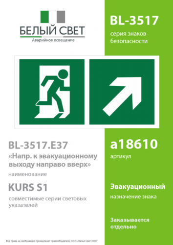 Знак безопасности BL-3517.E37"Напр. к эвакуационному выходу направо вверх" Белый свет a18610 фото 2 Знак безопасности BL-3517.E37"Напр. к эвакуационному выходу направо вверх" Белый свет a18610 фото 2