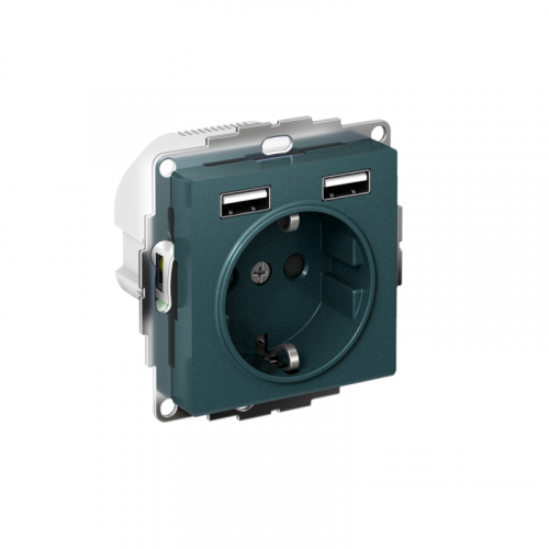Розетка 1-м СП AtlasDesign 16А IP20 с 2-мя заряд. устройствами USB тип A+A 5В/2.4А 2х5В/1.2А механизм изумруд SE ATN000830
