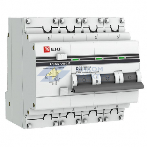 Выключатель автоматический дифференциального тока 3п+N 63А 300мА АД-32 (селективный) PROxima EKF DA32-63-300S-4P-pro