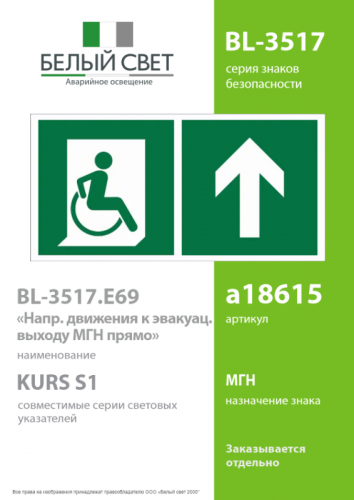 Знак безопасности BL-3517.E69"Напр. движения к эвакуац. выходу МГН прямо" Белый свет a18615 фото 2 Знак безопасности BL-3517.E69"Напр. движения к эвакуац. выходу МГН прямо" Белый свет a18615 фото 2