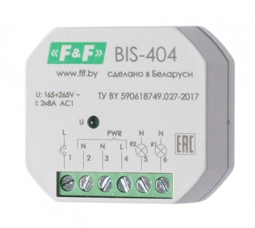 Реле импульсное BIS-404 (управление двумя нагрузками; для установки в монтажную коробку 230В 2х5А 2х1Z IP40) F&F EA01.005.006