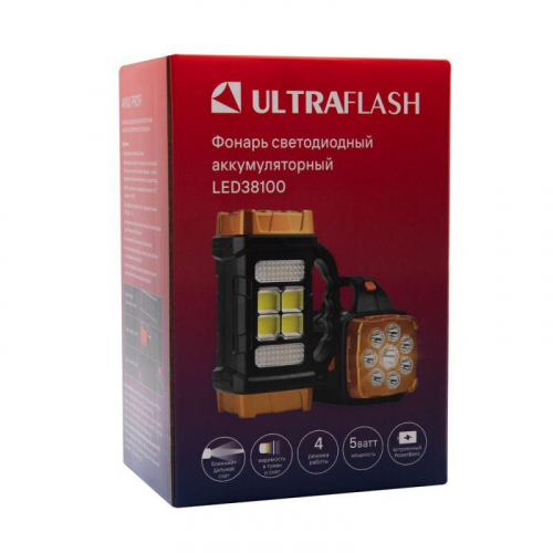Фонарь аккумуляторный LED38100 76LED+4COB 4 реж. Type-C PowerBank пластик коробка черн./охра Ultraflash 15950 фото 11