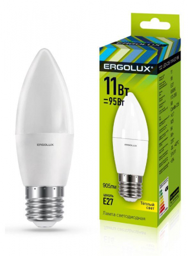 Лампа светодиодная LED-C35-11W-E27-3K 11Вт свеча 3000К тепл. бел. E27 180-240В Ergolux 13621 Лампа светодиодная LED-C35-11W-E27-3K 11Вт свеча 3000К тепл. бел. E27 180-240В Ergolux 13621