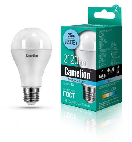 Лампа светодиодная LED25-A65/845/E27 25Вт грушевидная матовая 4500К бел. E27 170-265В Camelion 13572 Лампа светодиодная LED25-A65/845/E27 25Вт грушевидная матовая 4500К бел. E27 170-265В Camelion 13572