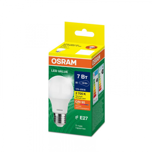 Лампа светодиодная LED G4 Value LVCLA60 7W/927 CRI95 7Вт 2700К 700лм грушевидная матов. E27 170-250В OSRAM 4058075577893 фото 2 Лампа светодиодная LED G4 Value LVCLA60 7W/927 CRI95 7Вт 2700К 700лм грушевидная матов. E27 170-250В OSRAM 4058075577893 фото 2