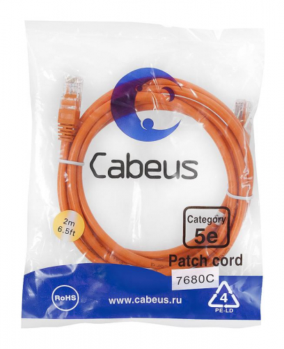 Патч-корд U/UTP кат.5E PC-UTP-RJ45-Cat.5e-2m-OR 2xRJ45/8p8c неэкранир. PVC 2м оранж. Cabeus 7680c Патч-корд U/UTP кат.5E PC-UTP-RJ45-Cat.5e-2m-OR 2xRJ45/8p8c неэкранир. PVC 2м оранж. Cabeus 7680c