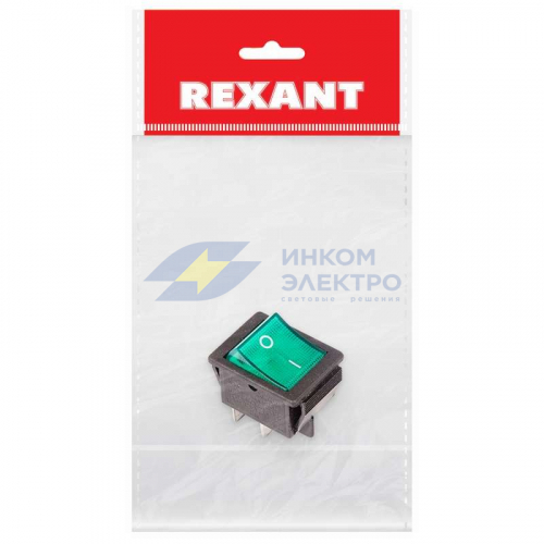 Выключатель клавишный 250В 16А (4с) ON-OFF зел. с подсветкой (RWB-502 SC-767 IRS-201-1) (инд. упак.) Rexant 36-2332-1