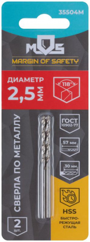 Сверла по металлу HSS в блистере угол заточки 118град. 2.5х57мм (уп.2шт) MOS 35504М фото 3