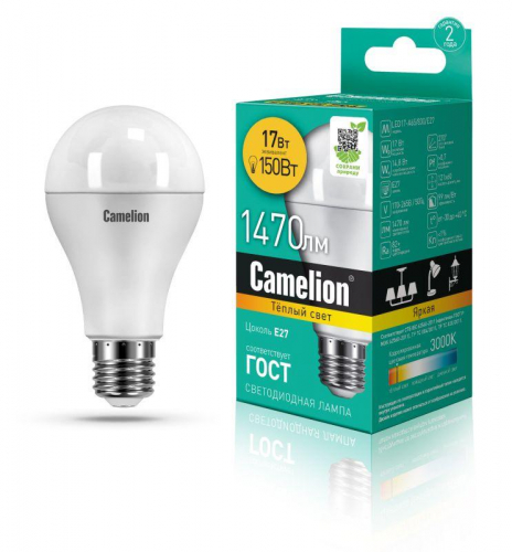 Лампа светодиодная LED17-A65/830/E27 17Вт грушевидная 3000К тепл. бел. E27 1470лм 170-265В Camelion 12308 Лампа светодиодная LED17-A65/830/E27 17Вт грушевидная 3000К тепл. бел. E27 1470лм 170-265В Camelion 12308