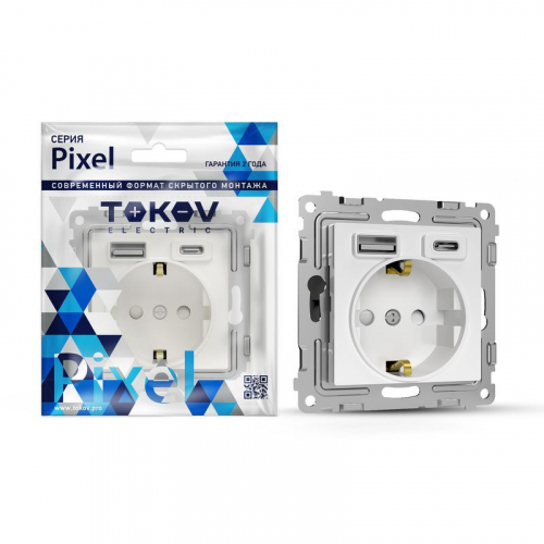 Розетка 1-м СП Pixel IP20 с заземл. с 2-мя заряд. устр. USB тип A+C механизм бел. TOKOV ELECTRIC TKE-PX-R1U2AC-C01 Розетка 1-м СП Pixel IP20 с заземл. с 2-мя заряд. устр. USB тип A+C механизм бел. TOKOV ELECTRIC TKE-PX-R1U2AC-C01