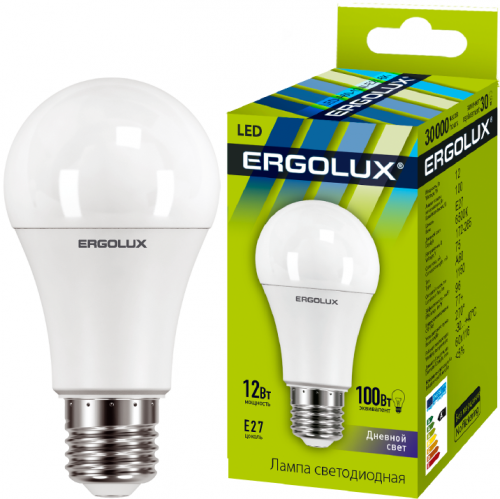 Лампа светодиодная LED-A60-12W-E27-6500K 12Вт грушевидная 6500К холод. бел. E27 180-240В ЛОН Ergolux 12880 фото 2