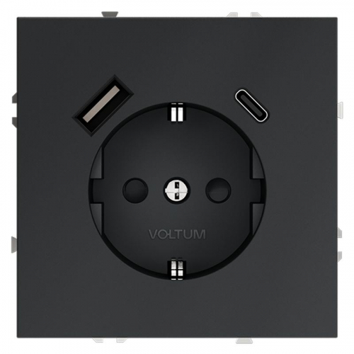 Розетка 1-м СП S70 16А с USB A+С с заземл. защ. шторки механизм графит Voltum VLS040507 Розетка 1-м СП S70 16А с USB A+С с заземл. защ. шторки механизм графит Voltum VLS040507