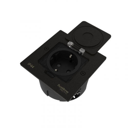 Лючок MultiDesk MDK21 с розеткой 2P+E 16А 250В IP44 с монтажной коробкой для стены фальшпола стола черн. матов. SE MDK21102MBA