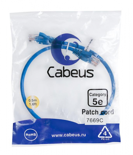 Патч-корд U/UTP кат.5E PC-UTP-RJ45-Cat.5e-0.5m-BL 2xRJ45/8p8c неэкранир. PVC 0.5м син. Cabeus 7669c Патч-корд U/UTP кат.5E PC-UTP-RJ45-Cat.5e-0.5m-BL 2xRJ45/8p8c неэкранир. PVC 0.5м син. Cabeus 7669c