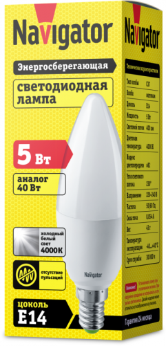 Лампа светодиодная 94 482 NLL-P-C37-5-230-4K-E14-FR 5Вт свеча 4000К нейтр. бел. E14 400лм 176-264В Navigator 94482 фото 2