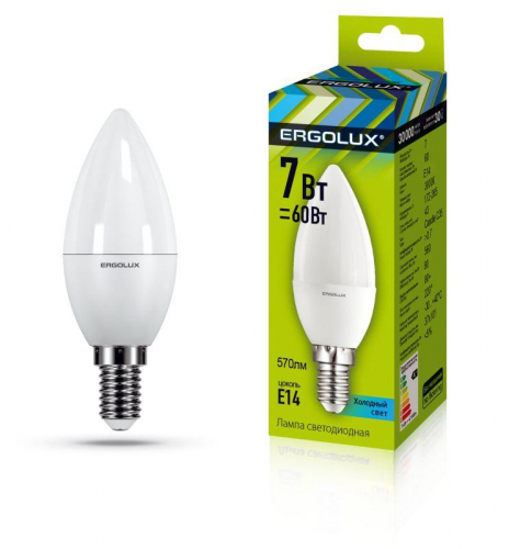 Лампа светодиодная LED-C35-7W-E14-3000K "Свеча" 172-265В Ergolux 12134 Лампа светодиодная LED-C35-7W-E14-3000K "Свеча" 172-265В Ergolux 12134