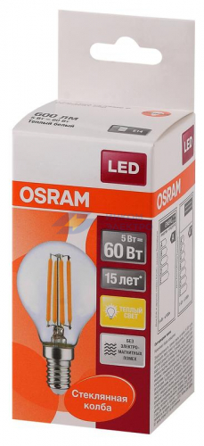 Лампа светодиодная филаментная LED STAR CLASSIC P 60 5W/827 5Вт шар 2700К тепл. бел. E14 600лм 220-240В прозр. стекло OSRAM 4058075212459 фото 2