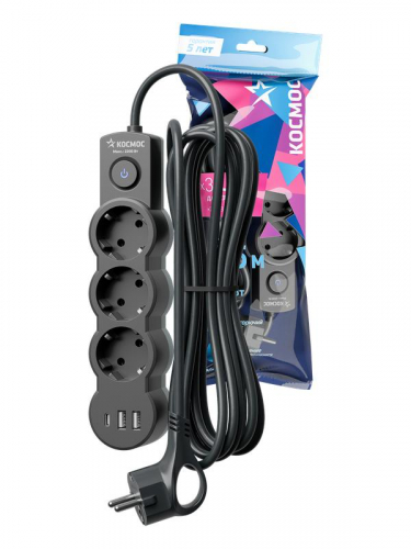 Удлинитель 3х1.5м с заземл. 10А IP20 USB 2800Вт 220В ПВС 3х1 с выкл. черн. КОСМОС YKsm1.5m3g-Z-VU10А-B