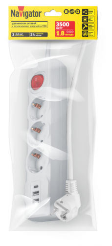 Удлинитель 3х1.8м с заземл. 16А IP20 61 455 NPE-USB01-03-180-ESC-3х1 2хUSB 2.1А 3х1 с выкл. Navigator 61455 фото 3