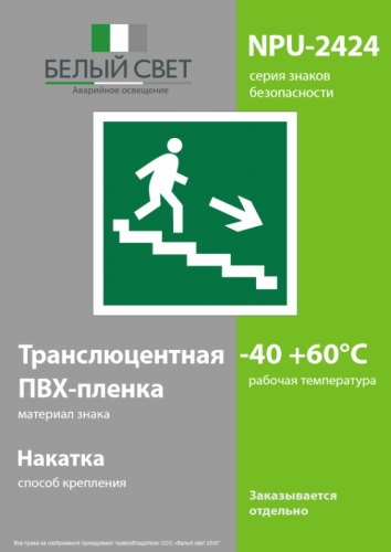 Знак безопасности NPU-2424.E13 "Напр. к эвакуац. выходу по лестн. вниз (прав.)" Белый свет a11051 фото 3 Знак безопасности NPU-2424.E13 "Напр. к эвакуац. выходу по лестн. вниз (прав.)" Белый свет a11051 фото 3