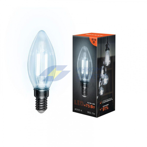 Лампа светодиодная филаментная 9.5Вт CN35 свеча прозрачная 4000К нейтр. бел. E14 950лм Rexant 604-092 фото 2