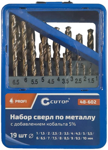 Набор сверл по металлу ПРОФИ/Profi 1-10мм (через 0.5мм) с кобальтом 5% в метал. коробке (19шт) Cutop 48-602