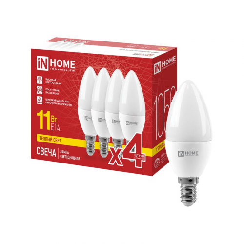 Лампа светодиодная LED-СВЕЧА-VC 4PACK 11Вт свеча 3000К E14 1050лм 230В (уп.4шт) IN HOME 4690612063102 Лампа светодиодная LED-СВЕЧА-VC 4PACK 11Вт свеча 3000К E14 1050лм 230В (уп.4шт) IN HOME 4690612063102