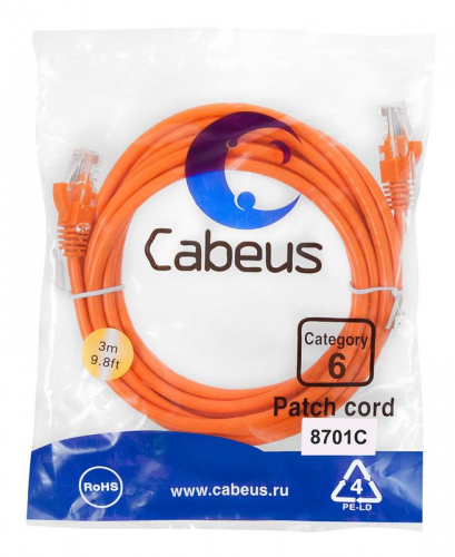 Патч-корд U/UTP кат.6 PC-UTP-RJ45-Cat.6-3m-OR 2xRJ45/8p8c неэкранир. PVC 3м оранж. Cabeus 8701c Патч-корд U/UTP кат.6 PC-UTP-RJ45-Cat.6-3m-OR 2xRJ45/8p8c неэкранир. PVC 3м оранж. Cabeus 8701c