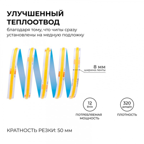 Лента светодиодная 24В 12Вт/м COB 320диод/м IP20 1000лм/м CRI90+ тепл бел. 3000К (уп.5м) Apeyron 00-381 фото 6