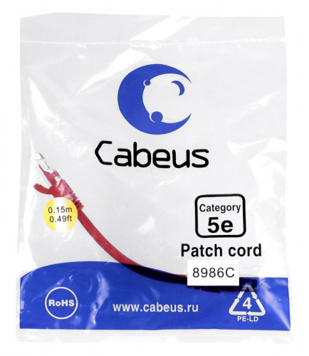 Патч-корд U/UTP кат.5E PC-UTP-RJ45-Cat.5e-0.15m-RD 2xRJ45/8p8c неэкранир. PVC 0.15м красн. Cabeus 8986c Патч-корд U/UTP кат.5E PC-UTP-RJ45-Cat.5e-0.15m-RD 2xRJ45/8p8c неэкранир. PVC 0.15м красн. Cabeus 8986c