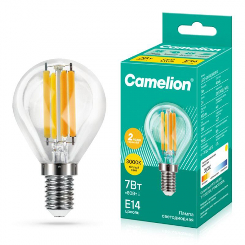 Лампа светодиодная филаментная LED7-G45-FL/830/E14 7Вт шар прозрачная 3000К тепл. бел. E14 220-240В Camelion 13456 Лампа светодиодная филаментная LED7-G45-FL/830/E14 7Вт шар прозрачная 3000К тепл. бел. E14 220-240В Camelion 13456