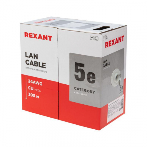 Кабель витая пара U/UTP кат.5E 4х2х24AWG CU LSZH нг(А)-HF INDOOR SOLID сер. (305м) Rexant 01-0069 фото 2 Кабель витая пара U/UTP кат.5E 4х2х24AWG CU LSZH нг(А)-HF INDOOR SOLID сер. (305м) Rexant 01-0069 фото 2
