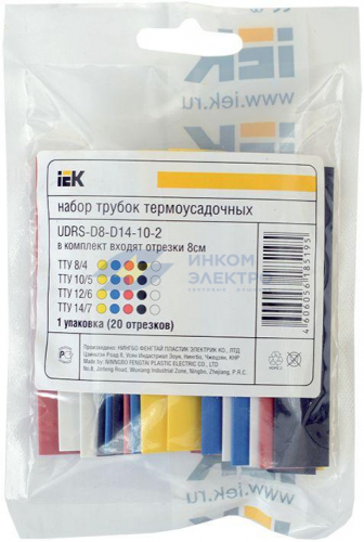 Набор трубок термоусадочных тонкостен. ТТУ 2/1; 4/2; 6/3; 8/4 (Ж; С; К; Ч; Б) 20х8см разноцвет. IEK UDRS-D2-D8-10-2