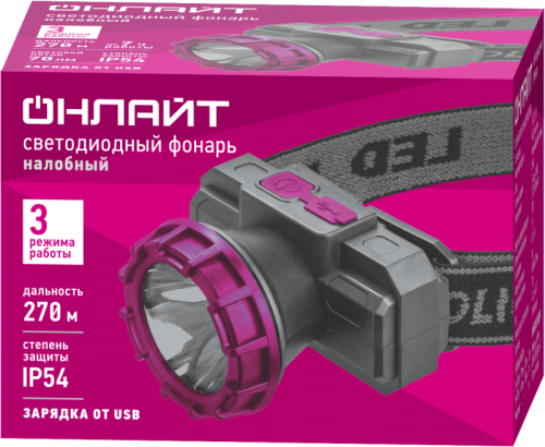 Фонарь светодиодный налобный 90 914 OPT-H09-ACCU 1LEDx1Вт 3реж. Li-Ion 3.7В ОНЛАЙТ 90914 фото 2