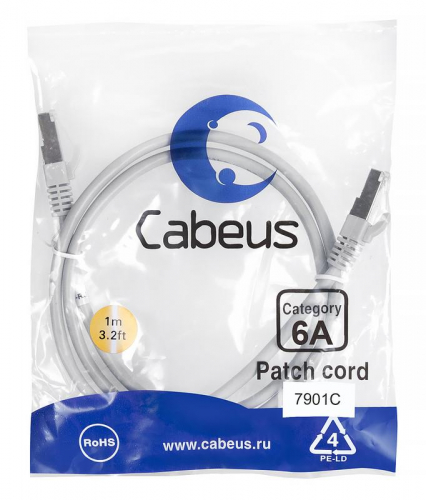 Патч-корд S/FTP кат.6A PC-SSTP-RJ45-Cat.6a-1m-LSZH 2xRJ45/8p8c экранир. LSZH (10G) 1м сер. Cabeus 7901c Патч-корд S/FTP кат.6A PC-SSTP-RJ45-Cat.6a-1m-LSZH 2xRJ45/8p8c экранир. LSZH (10G) 1м сер. Cabeus 7901c