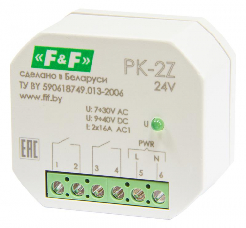 Реле промежуточное PK-2Z/24 7-30 AC 9-40 DC 16А для установки в монтажную коробку d60мм 2NO IP20 F&F EA06.001.048 Реле промежуточное PK-2Z/24 7-30 AC 9-40 DC 16А для установки в монтажную коробку d60мм 2NO IP20 F&F EA06.001.048